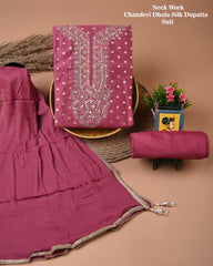 Magenta Chanderi Dhola Silk Suit with Neck Embroidery & Matching Dupatta