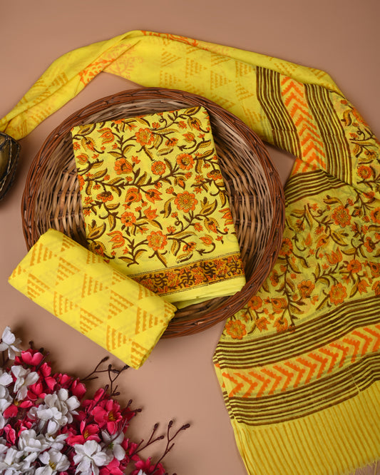 Yellow Printed Cotton Suit with Cotton Dupatta