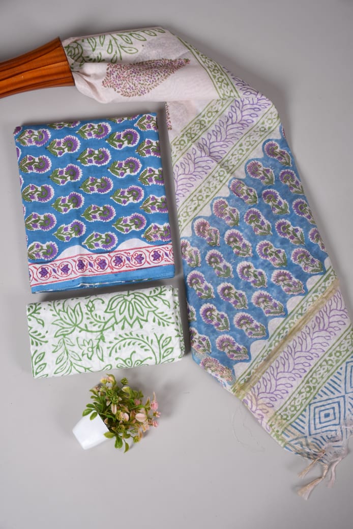 Hand Block Printed Cotton Suit With Chnaderi Dupatta Suit Sets