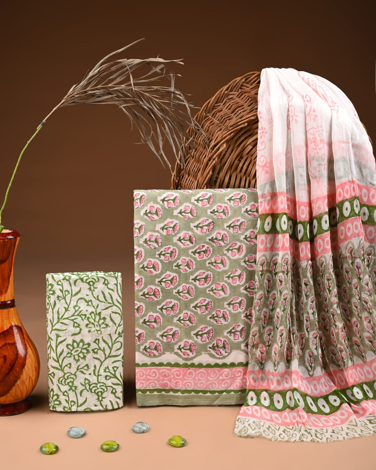 Premium  Hand Block Cotton Suit With Chiffon Dupatta Suit Sets