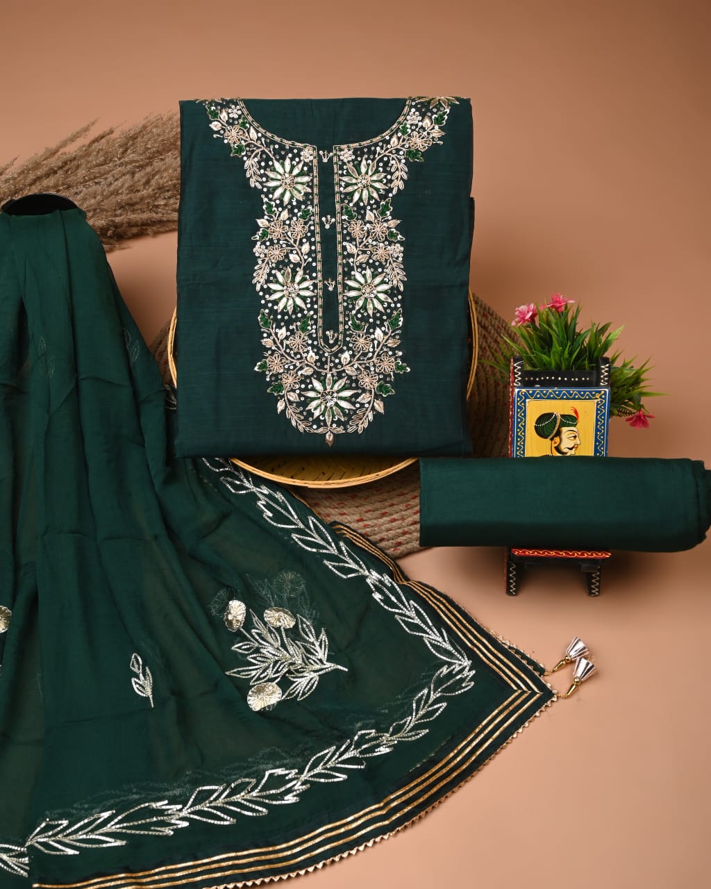 Chanderi Silk Suit with Dhola Silk Dupatta & Heavy Neck Embroidery