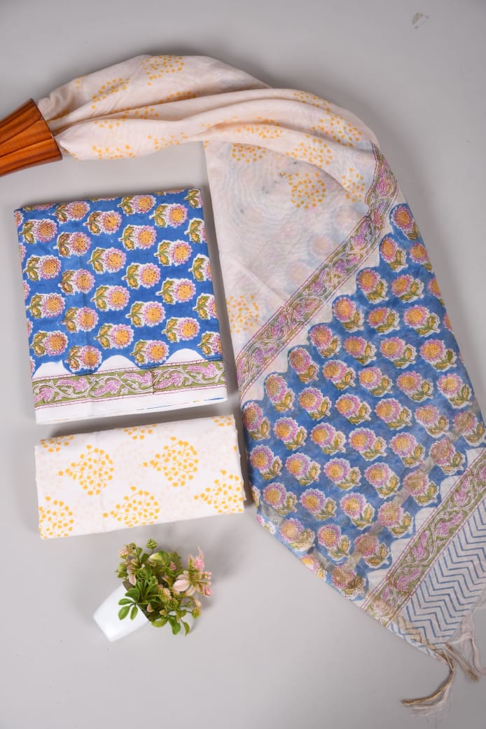 Hand Block Printed Cotton Suit With Chnaderi Dupatta Suit Sets