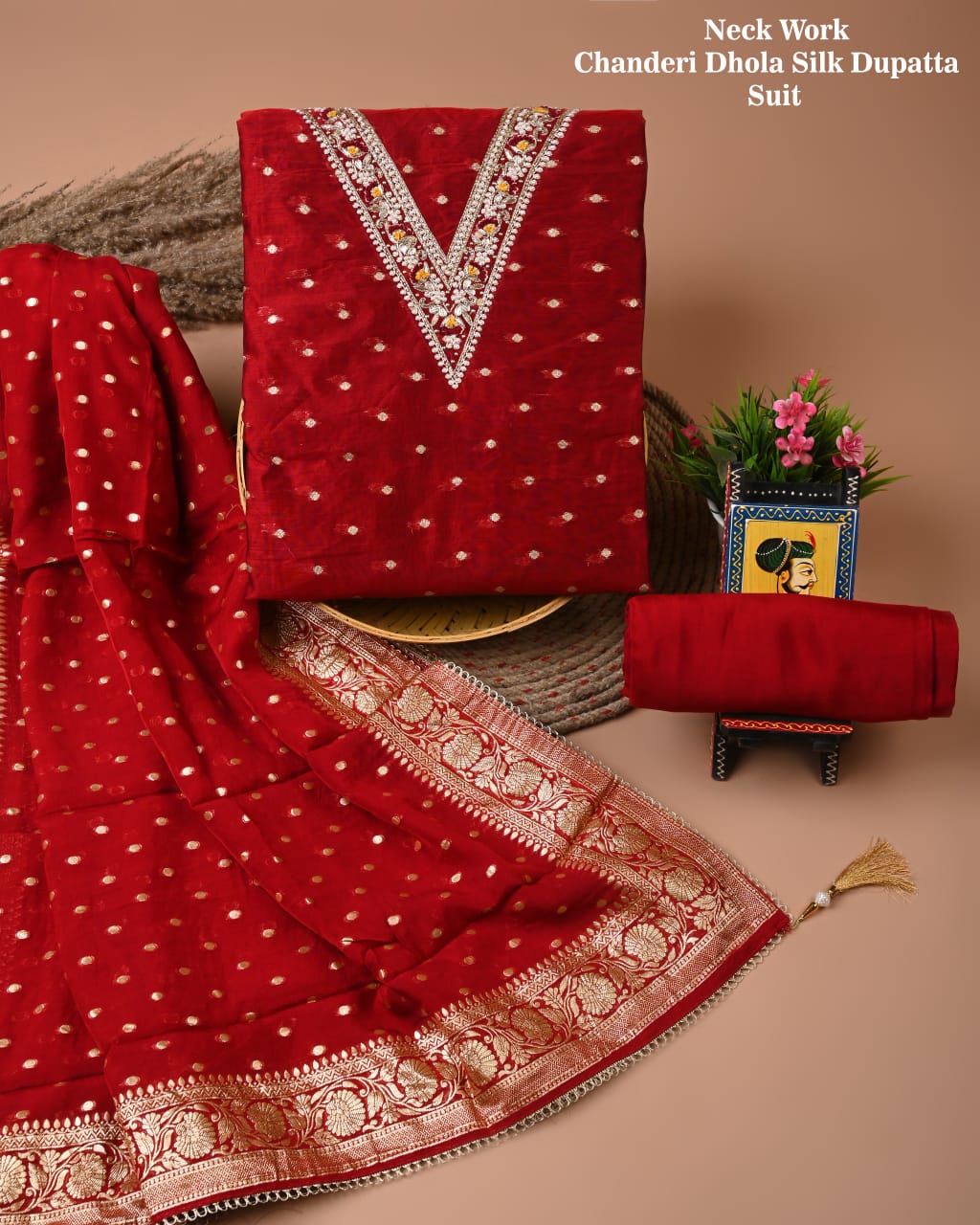 Chanderi Silk Suit with Dhola Silk Dupatta & Heavy Neck Embroidery