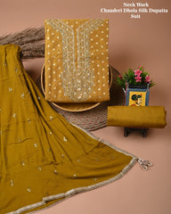 Chanderi Silk Suit with Dhola Silk Dupatta & Heavy Neck Embroidery