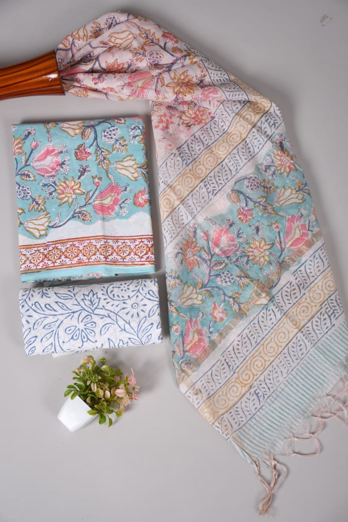 Hand Block Printed Cotton Suit With Chnaderi Dupatta Suit Sets