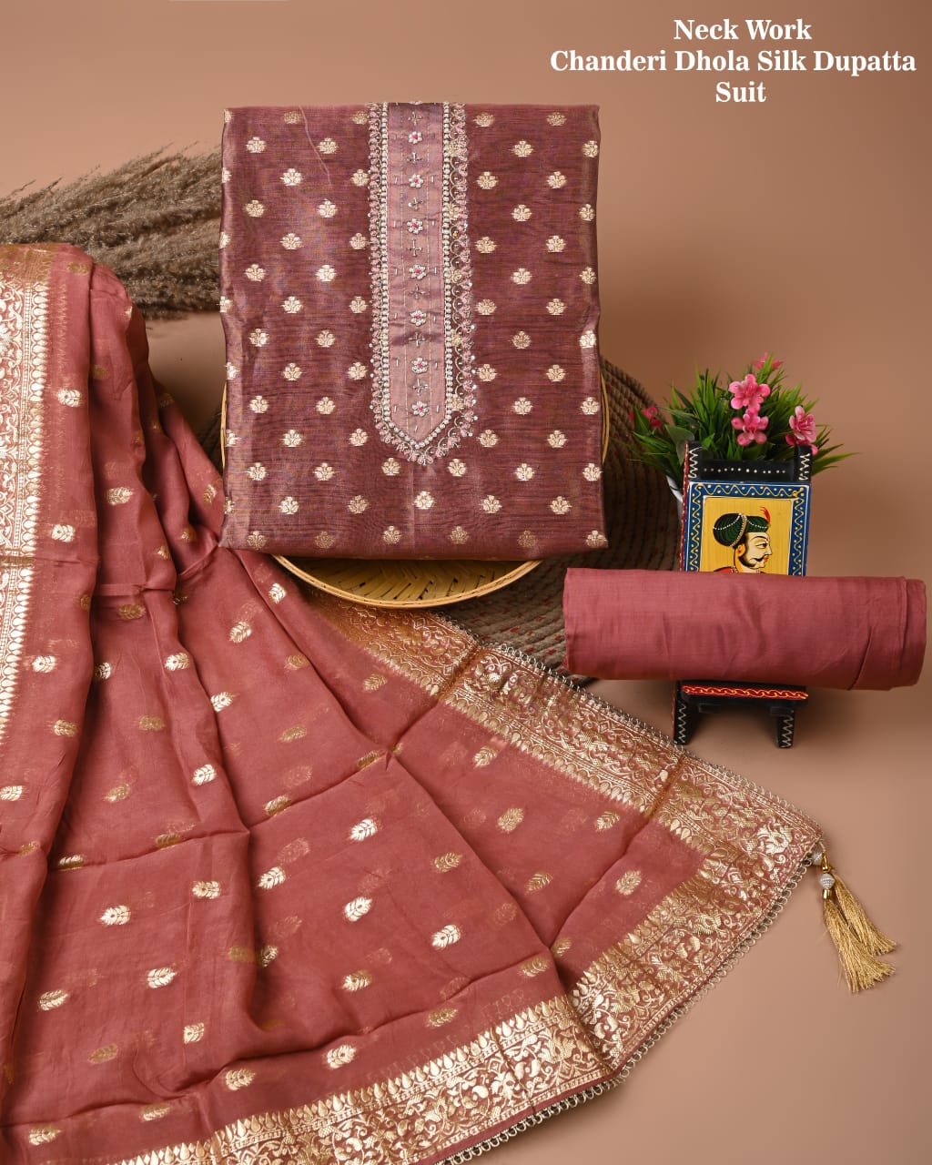 Chanderi Silk Suit with Dhola Silk Dupatta & Heavy Neck Embroidery