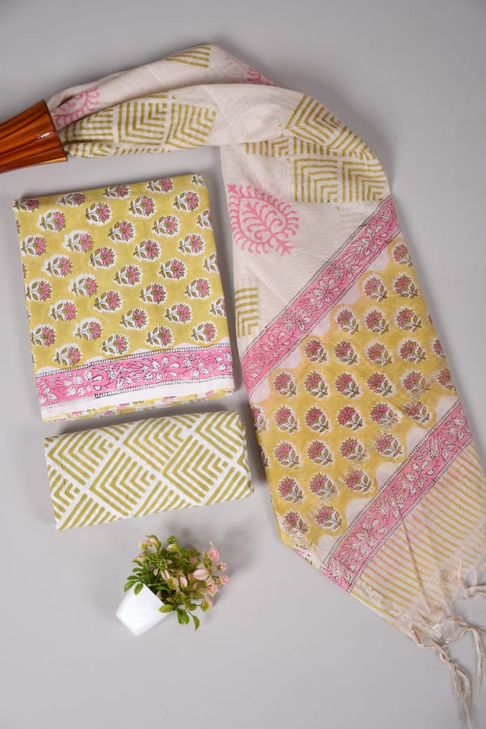 Hand Block Printed Cotton Suit With Chnaderi Dupatta Suit Sets