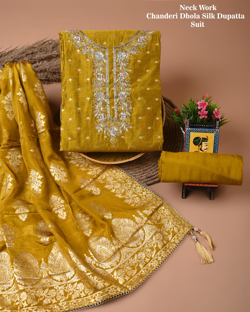 Chanderi Silk Suit with Dhola Silk Dupatta & Heavy Neck Embroidery