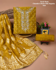 Chanderi Silk Suit with Dhola Silk Dupatta & Heavy Neck Embroidery