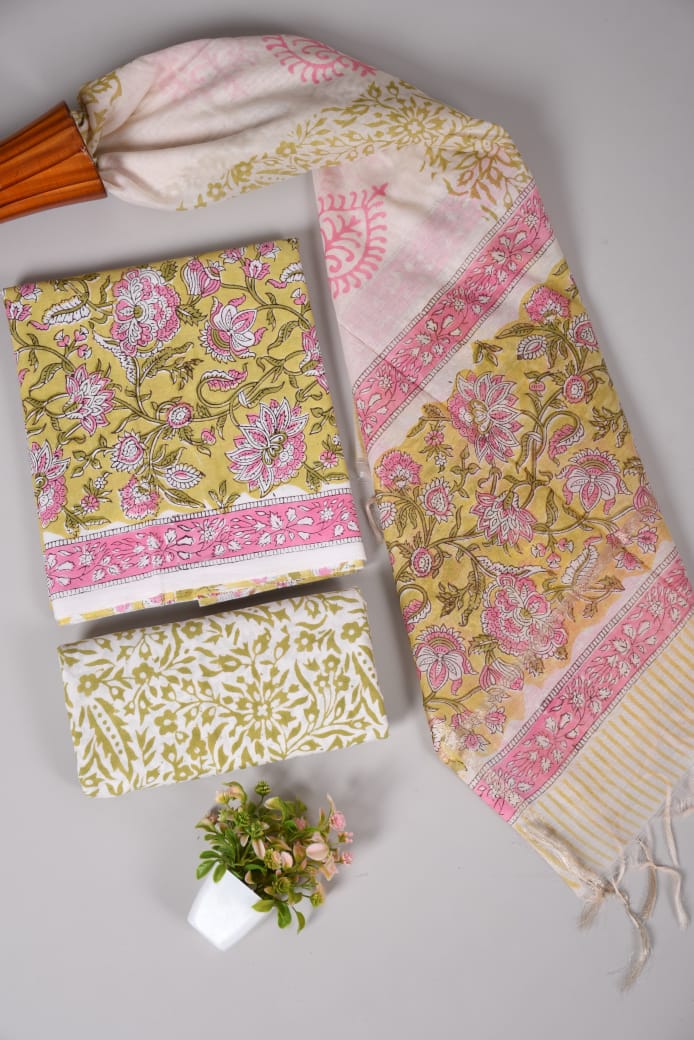 Hand Block Printed Cotton Suit With Chnaderi Dupatta Suit Sets