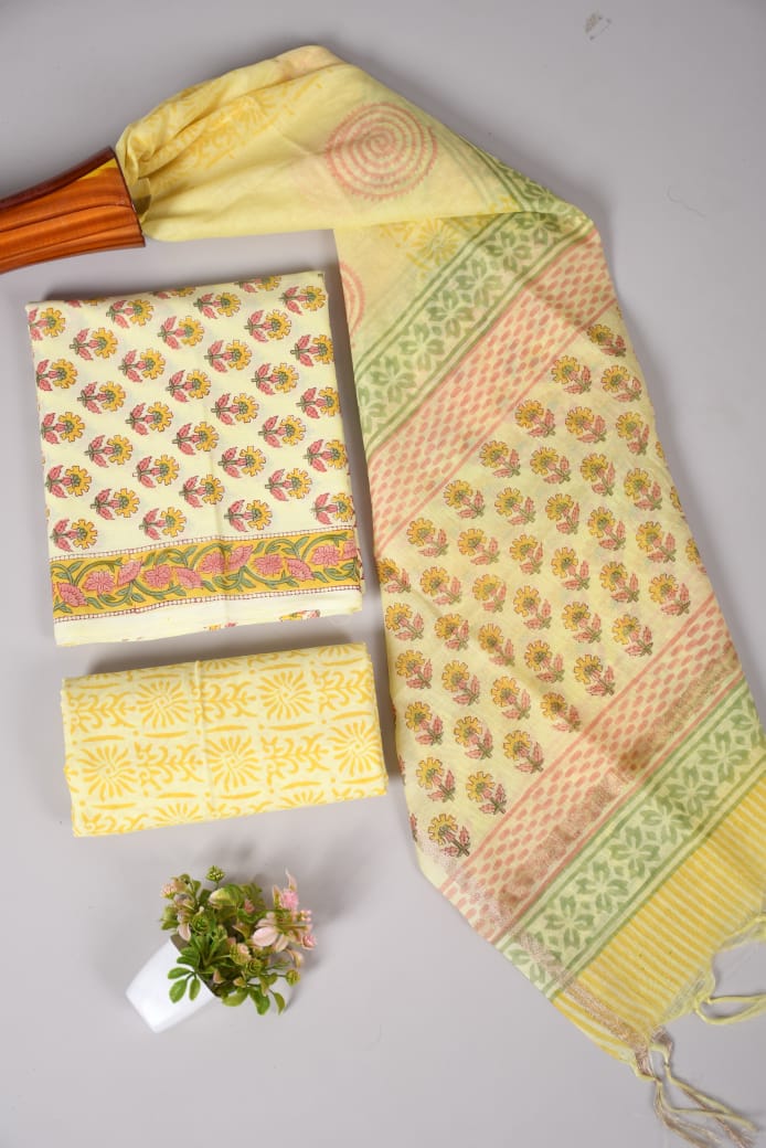 Hand Block Printed Cotton Suit With Chnaderi Dupatta Suit Sets