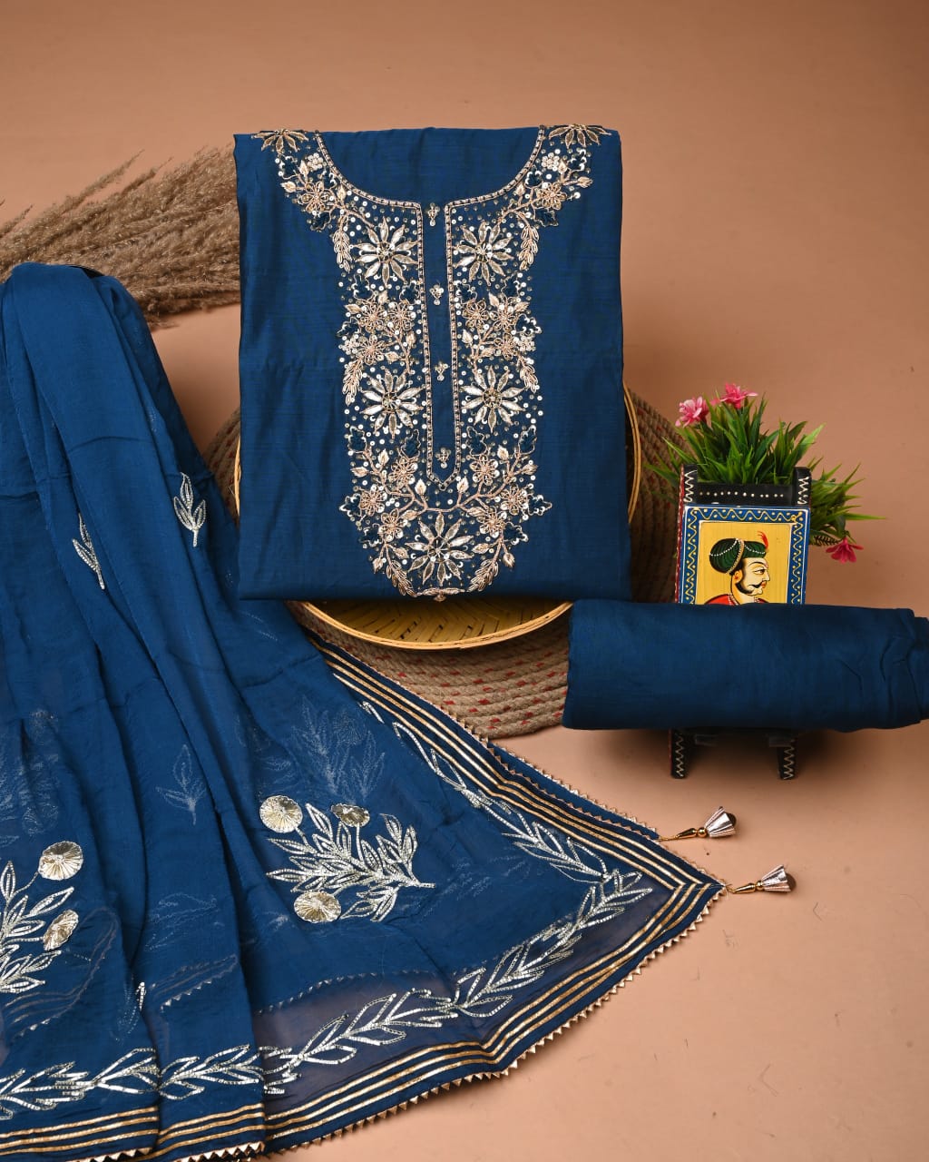 Chanderi Silk Suit with Dhola Silk Dupatta & Heavy Neck Embroidery