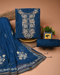 Chanderi Silk Suit with Dhola Silk Dupatta & Heavy Neck Embroidery
