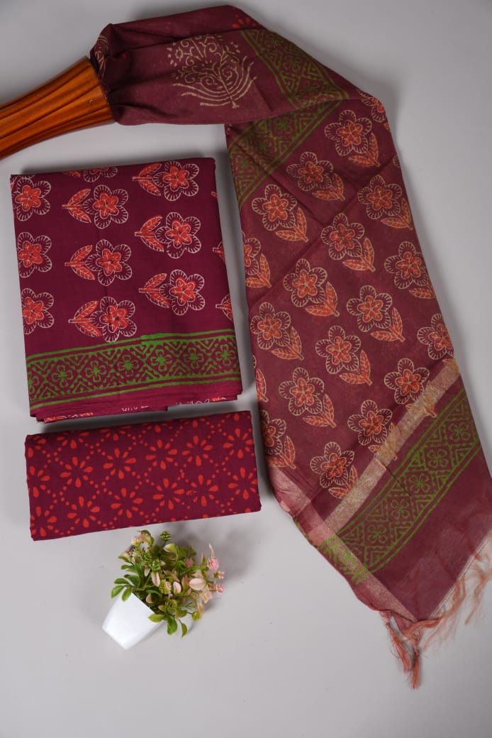 Hand Block Printed Cotton Suit With Chnaderi Dupatta Suit Sets