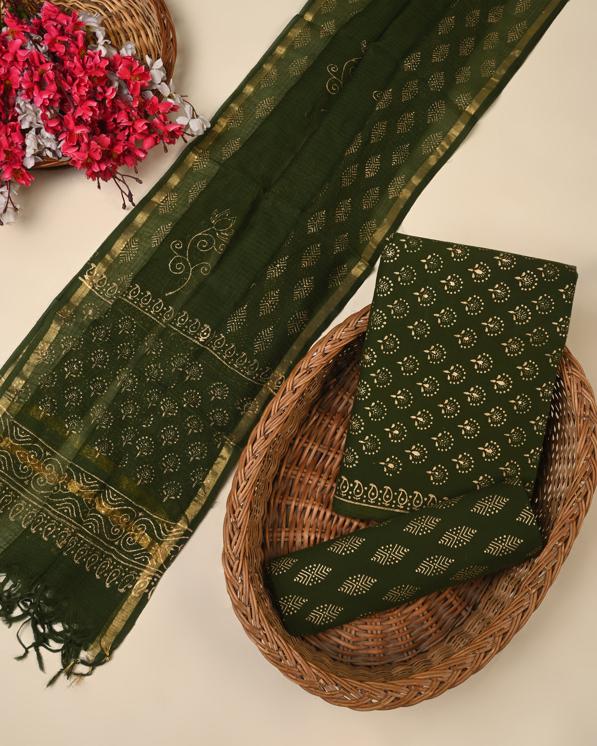 Green Handblock Printed Cotton Suit with Kota Doriya Dupatta