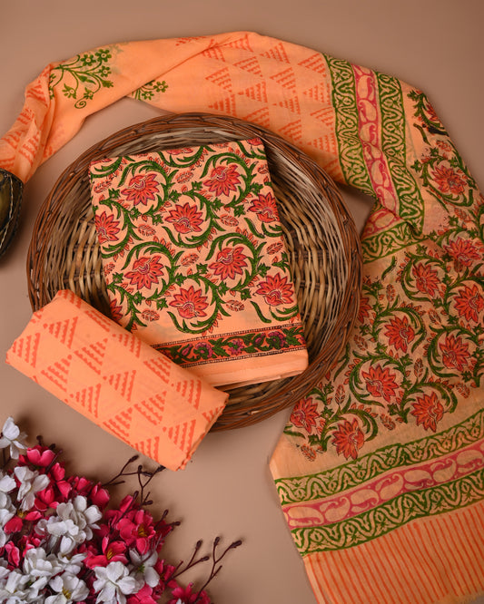 Peach Printed Cotton Suit with Cotton Dupatta