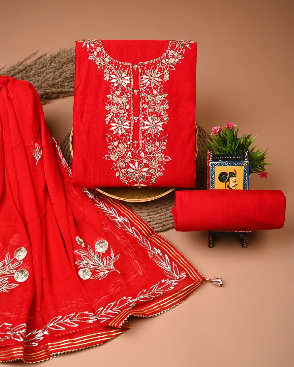 Red Chanderi Silk Suit with Dhola Silk Dupatta & Hand Jardozi Neck Work