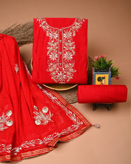 Red Chanderi Silk Suit with Dhola Silk Dupatta & Hand Jardozi Neck Work