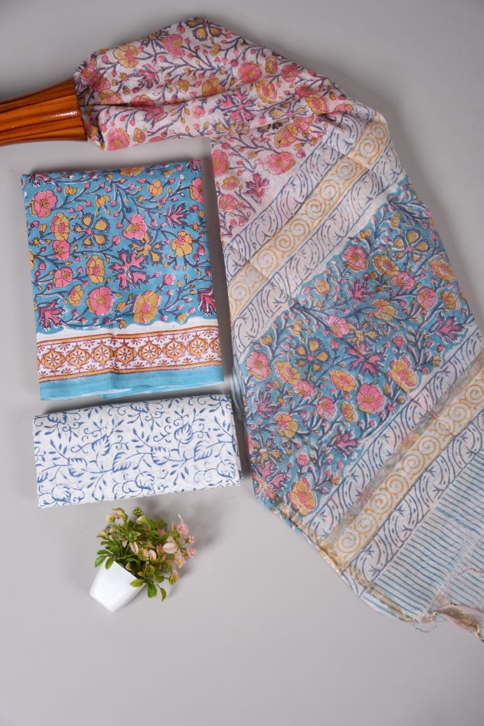 Hand Block Printed Cotton Suit With Chnaderi Dupatta Suit Sets