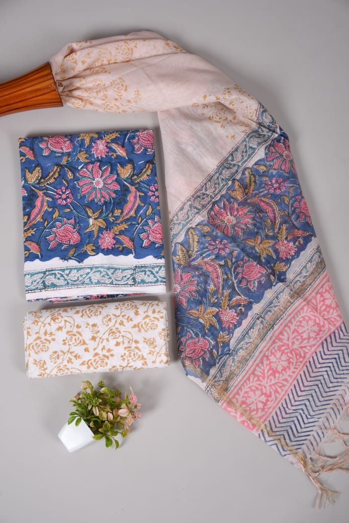 Hand Block Printed Cotton Suit With Chnaderi Dupatta Suit Sets