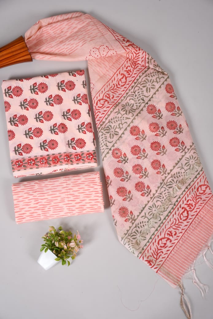 Hand Block Printed Cotton Suit With Chnaderi Dupatta Suit Sets