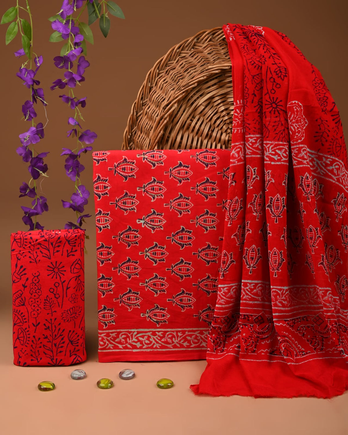 Premium  Hand Block Cotton Suit With Chiffon Dupatta Suit Sets