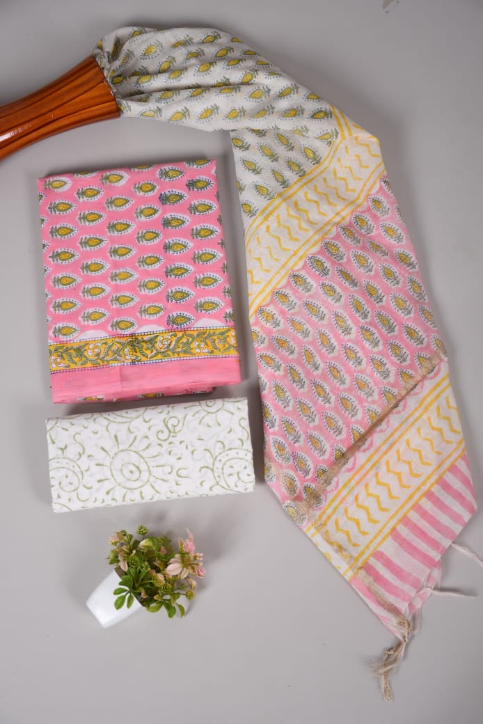 Hand Block Printed Cotton Suit With Chnaderi Dupatta Suit Sets