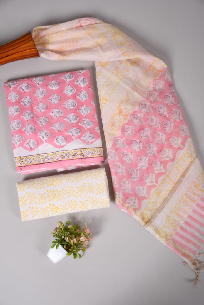 Hand Block Printed Cotton Suit With Chnaderi Dupatta Suit Sets