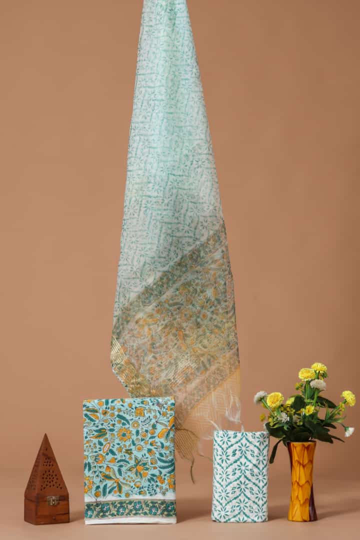 New Elegant Hand Block Printed Cotton Suit With Organza Dupatta(BFOR37)
