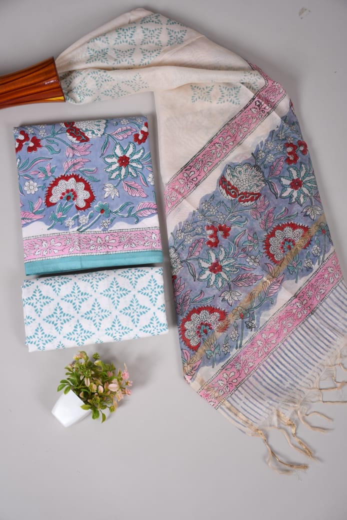 Hand Block Printed Cotton Suit With Chnaderi Dupatta Suit Sets
