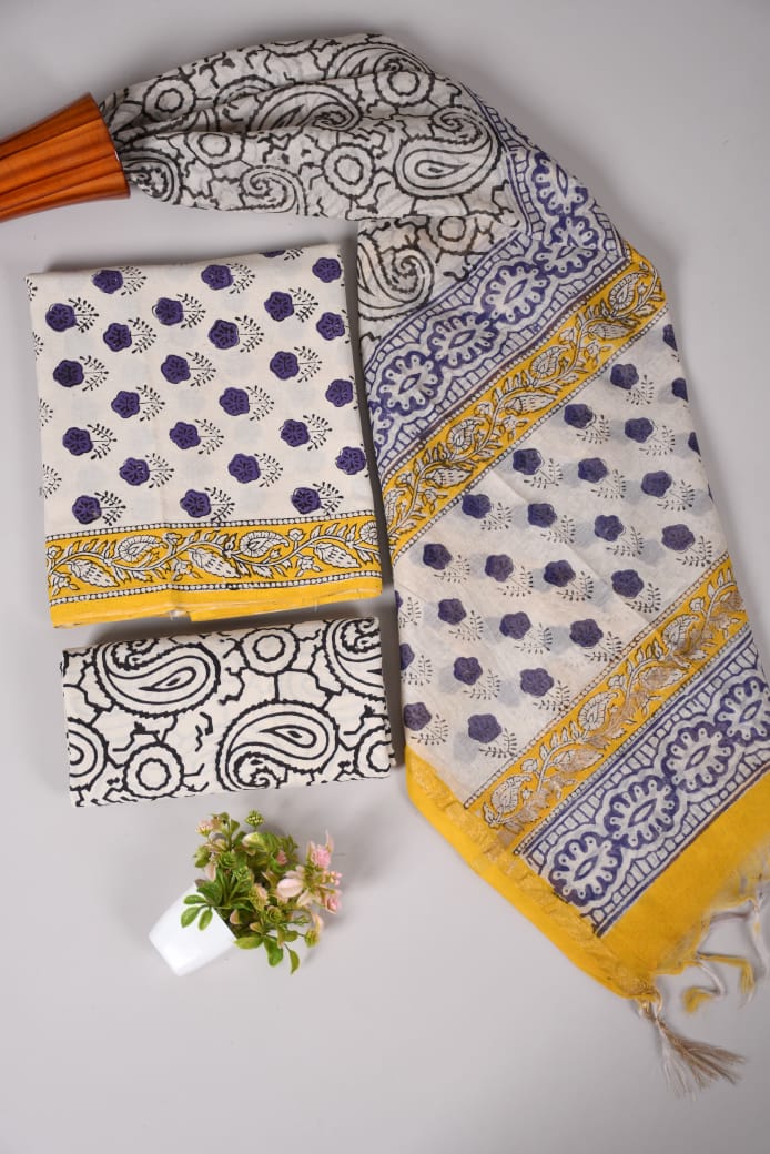 Hand Block Printed Cotton Suit With Chnaderi Dupatta Suit Sets