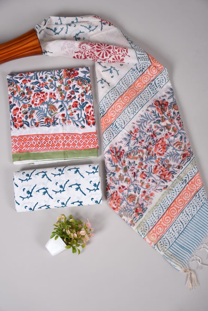 Hand Block Printed Cotton Suit With Chnaderi Dupatta Suit Sets