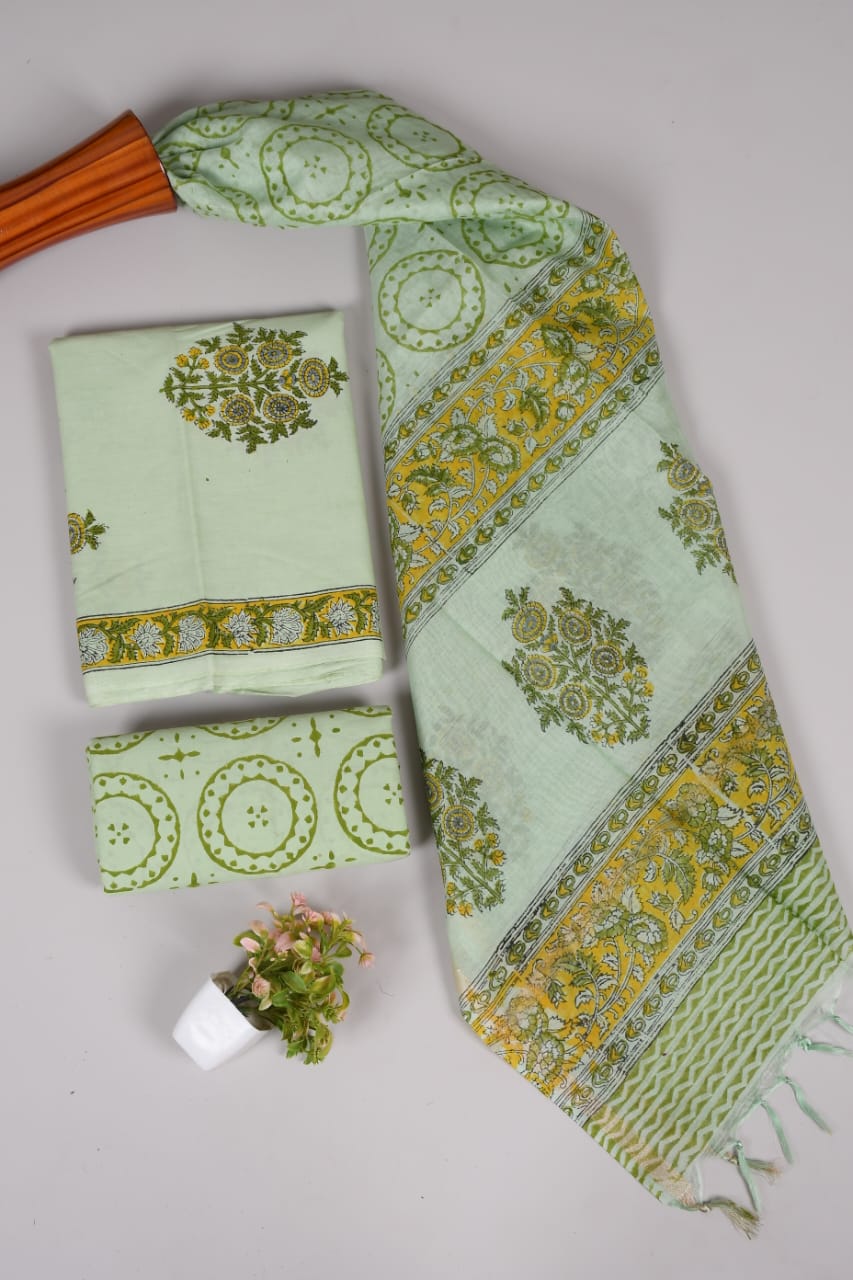 Hand Block Printed Cotton Suit With Chnaderi Dupatta Suit Sets