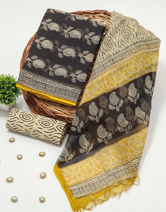 Black & Mustard Ethnic Printed kota doriya Suit Set (BFFKO03)