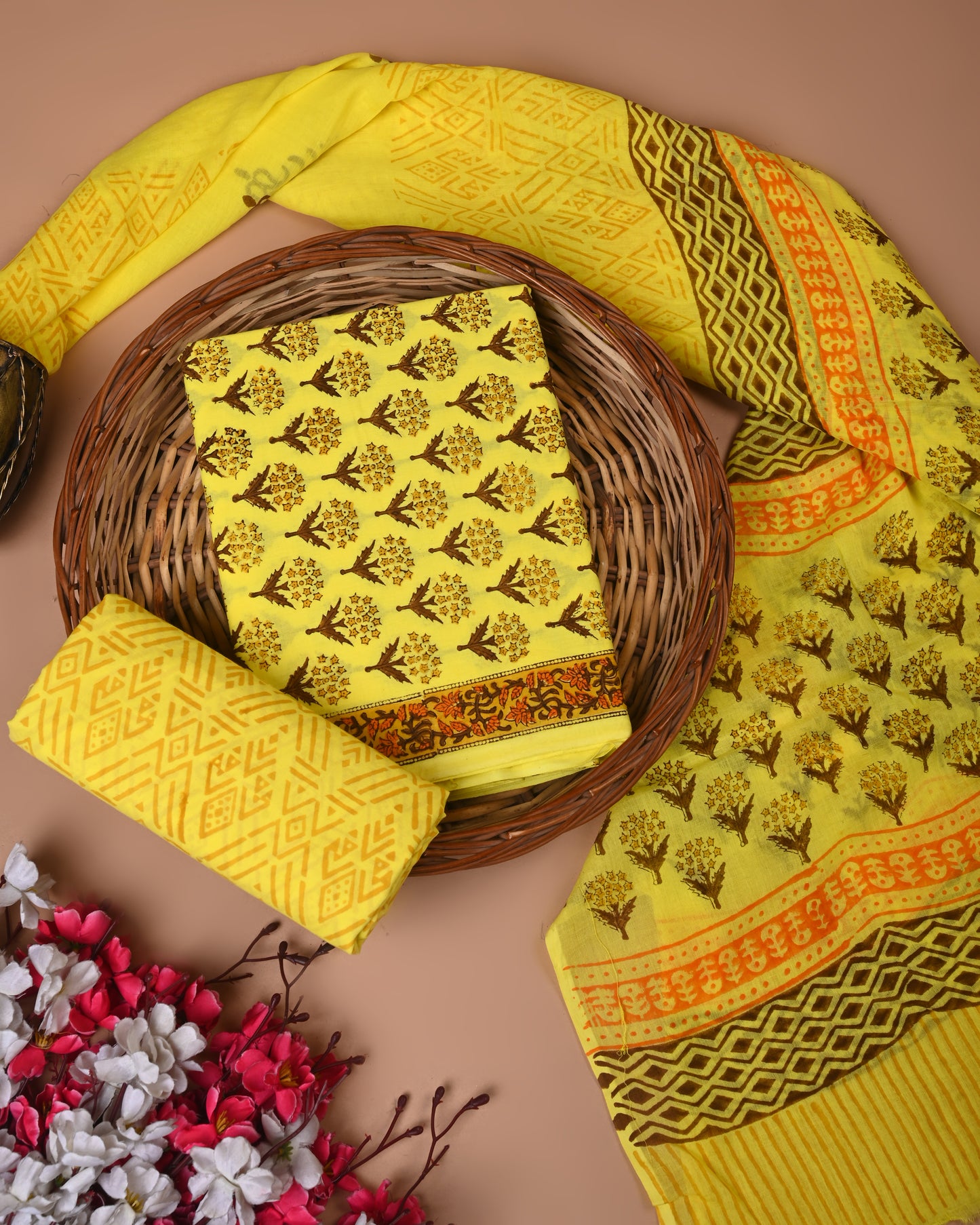 Lemon Yellow Printed Cotton Suit with Cotton Dupatta