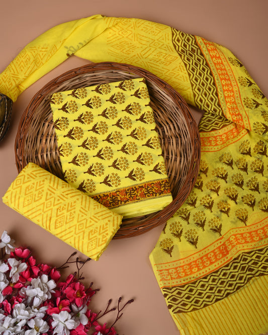 Lemon Yellow Printed Cotton Suit with Cotton Dupatta