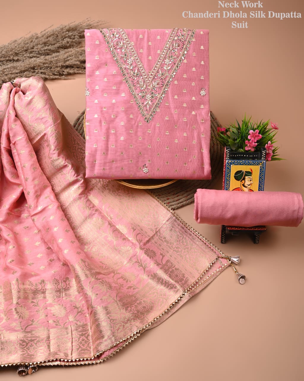 Chanderi Silk Suit with Dhola Silk Dupatta & Heavy Neck Embroidery