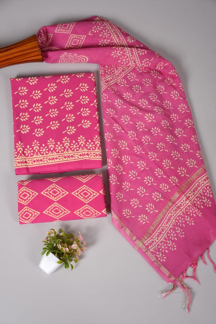 Hand Block Printed Cotton Suit With Chnaderi Dupatta Suit Sets