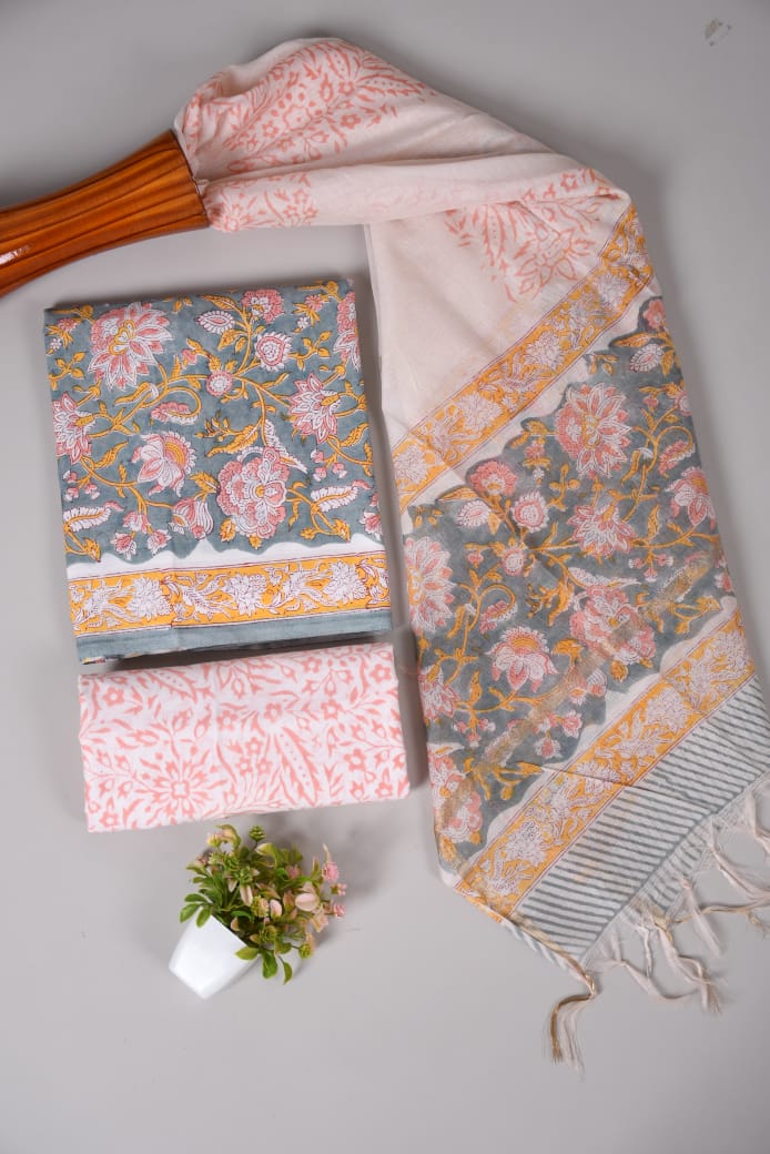Hand Block Printed Cotton Suit With Chnaderi Dupatta Suit Sets