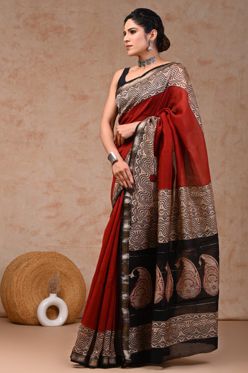 New Designer Hand Block Print Maheshwari Silk Saree (BFMSARE04)