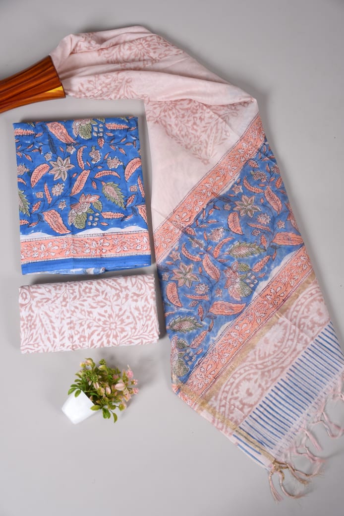 Hand Block Printed Cotton Suit With Chnaderi Dupatta Suit Sets