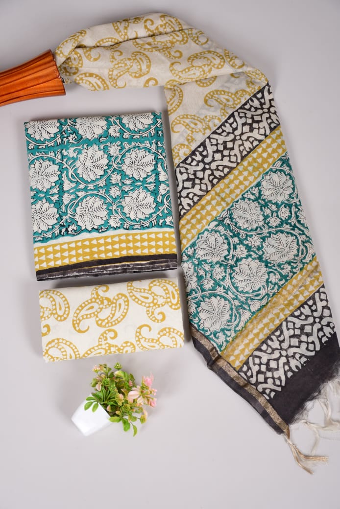 Hand Block Printed Cotton Suit With Chnaderi Dupatta Suit Sets
