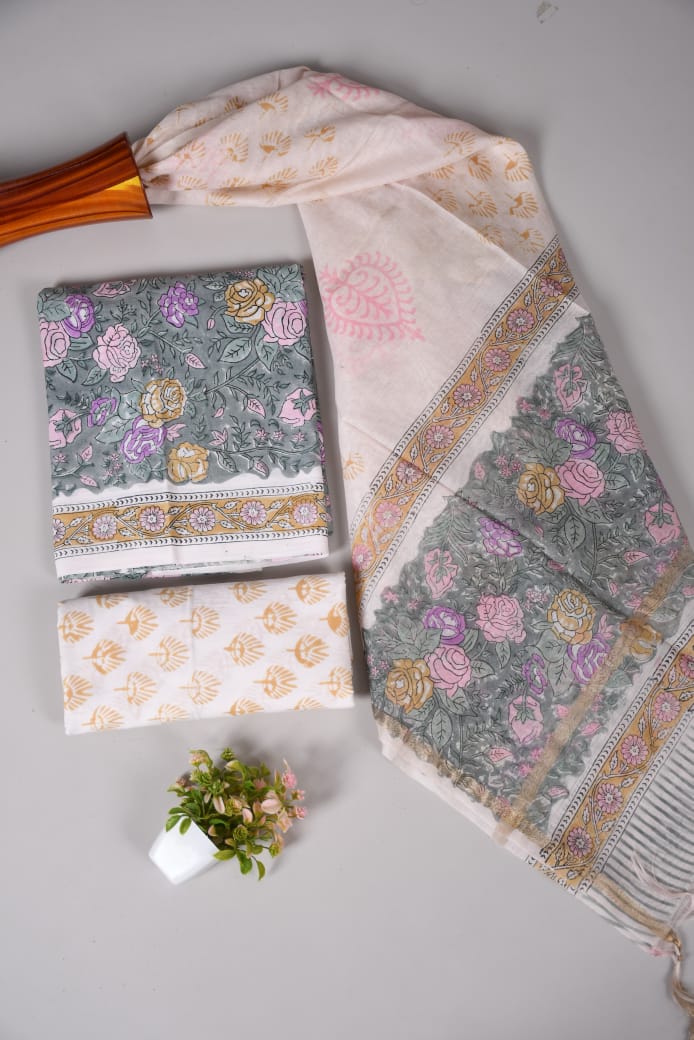 Hand Block Printed Cotton Suit With Chnaderi Dupatta Suit Sets