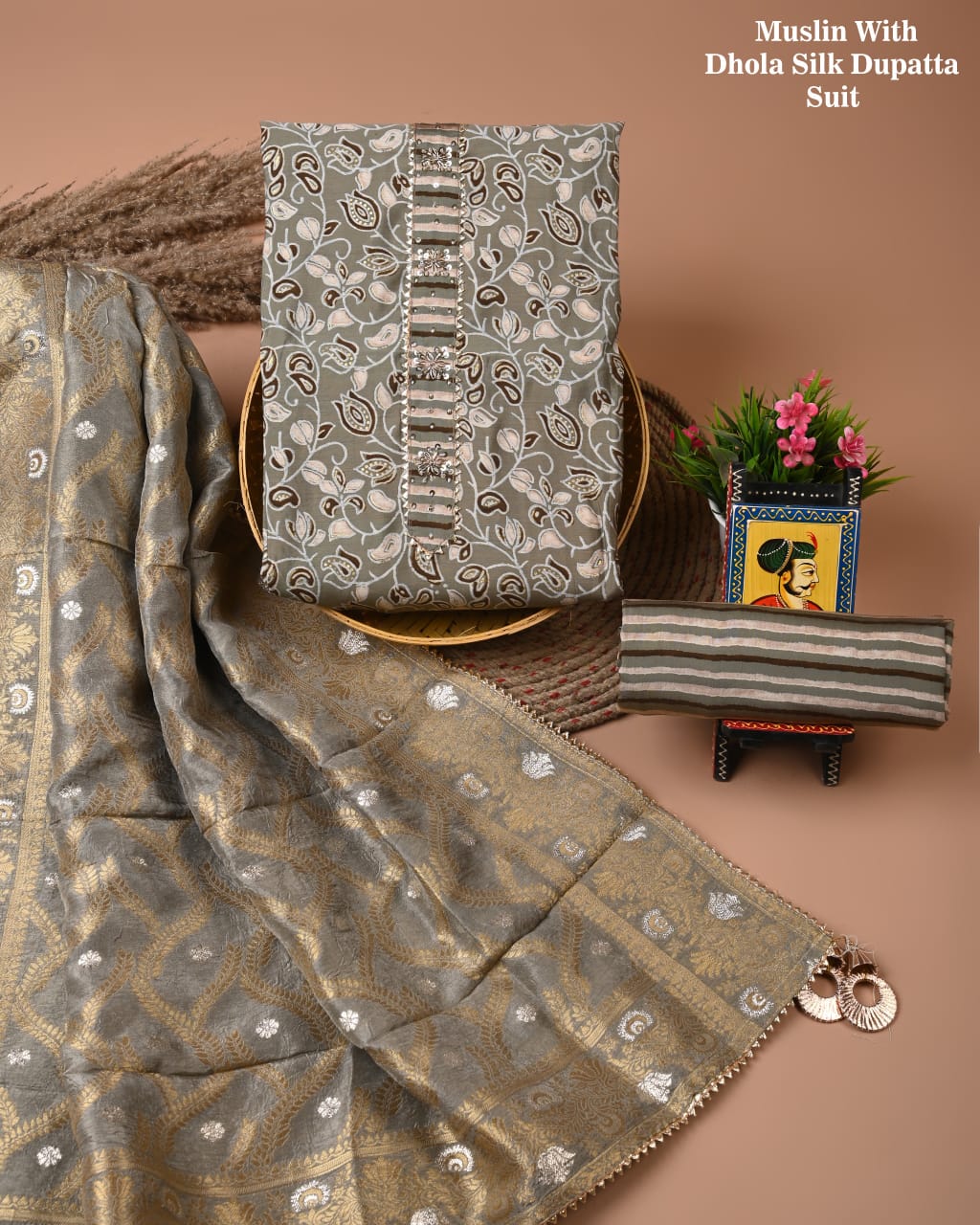 Chanderi Silk Suit with Dhola Silk Dupatta & Heavy Neck Embroidery