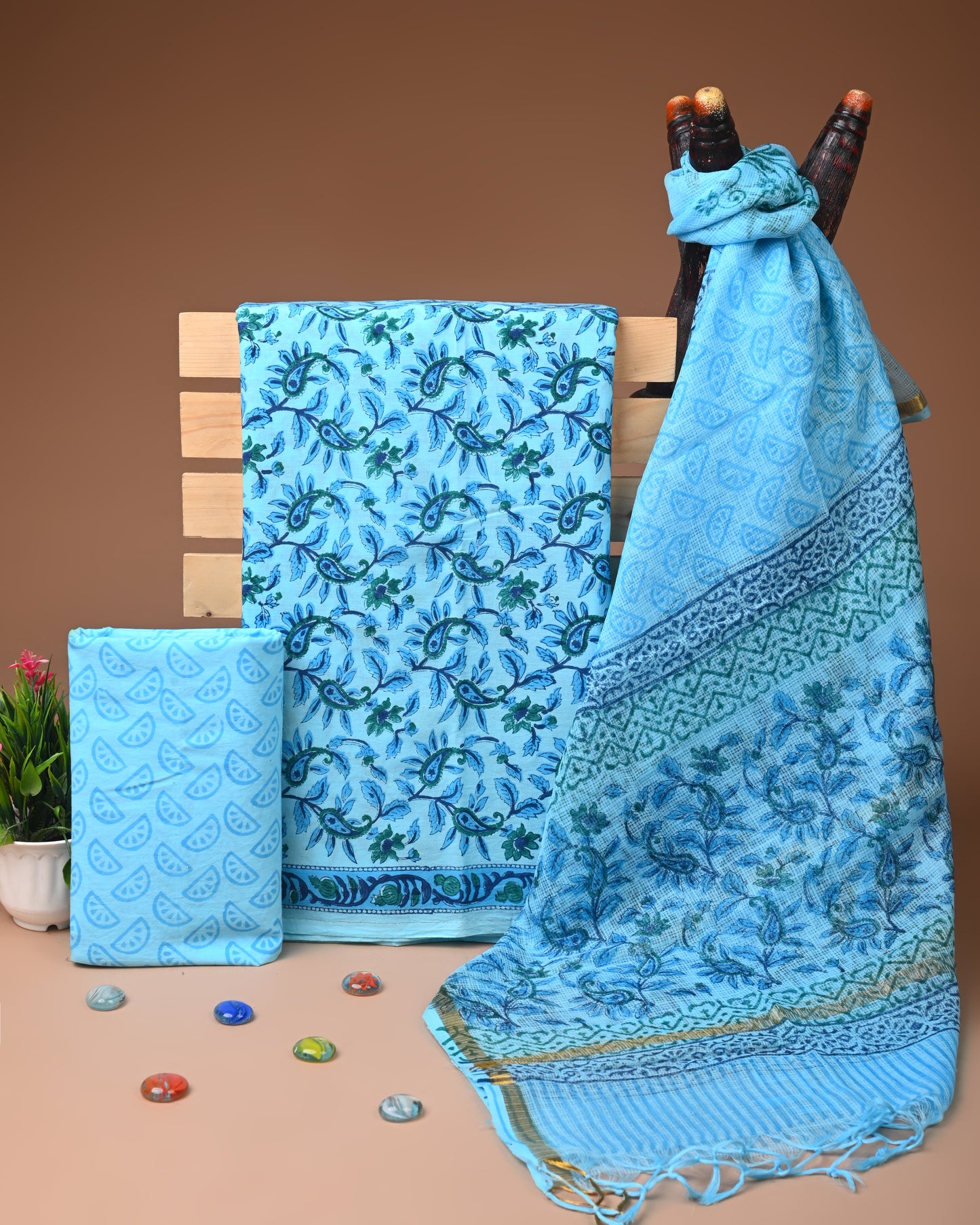 Sky Blue Printed Cotton Suit with Kota Doriya Dupatta