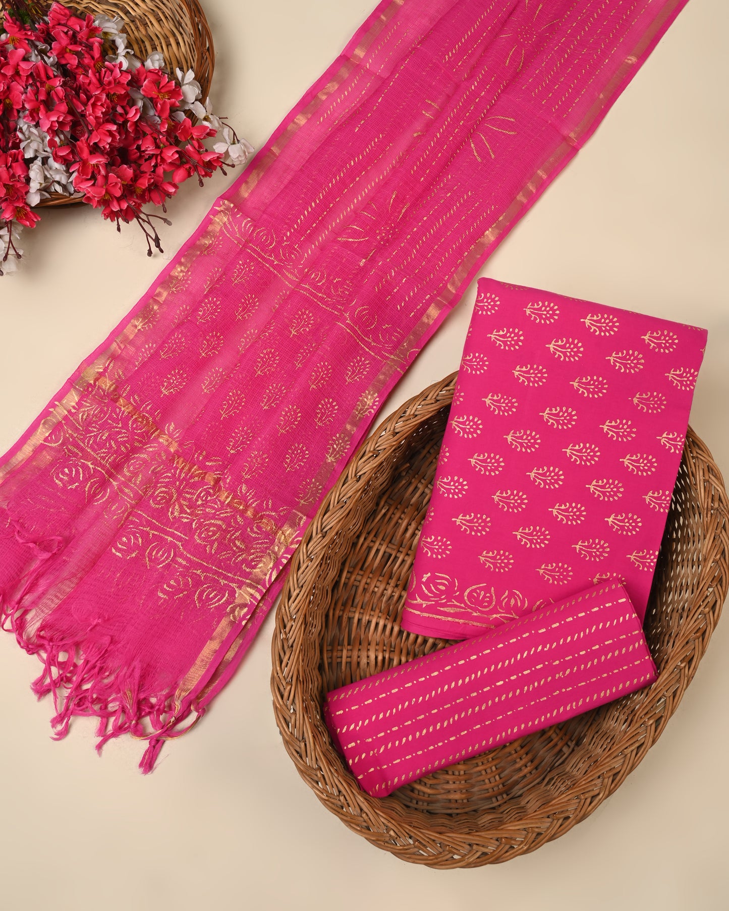Pink Handblock Printed Cotton Suit with Kota Doriya Dupatta