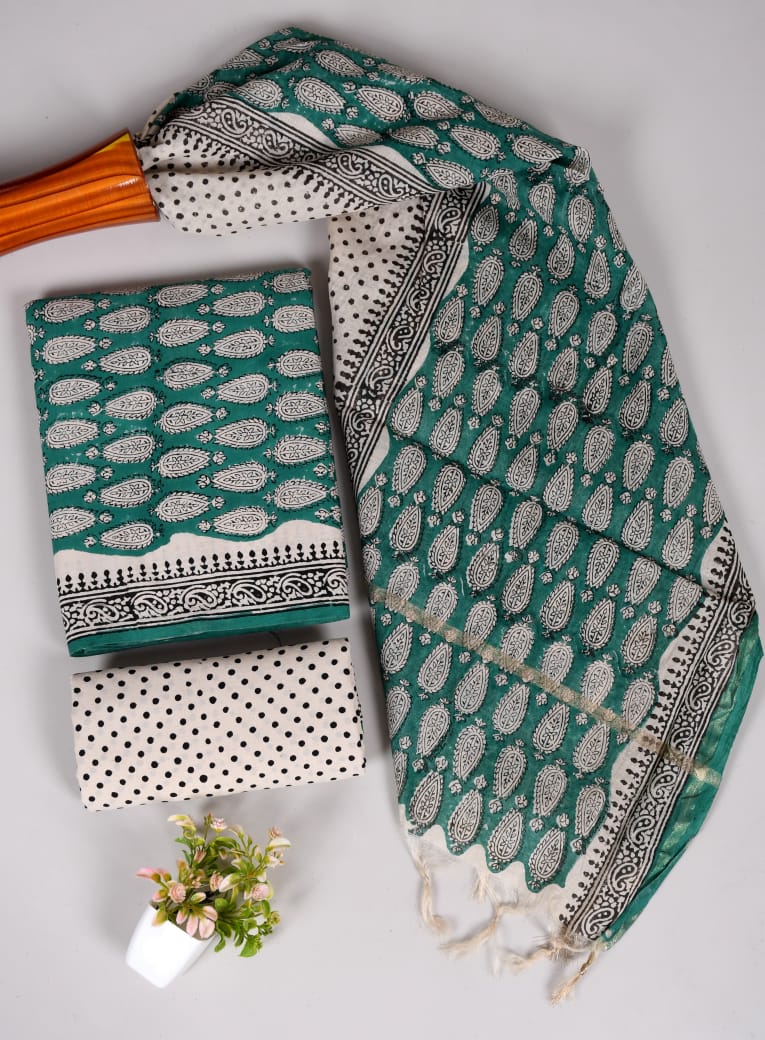 Hand Block Printed Cotton Suit With Chnaderi Dupatta Suit Sets