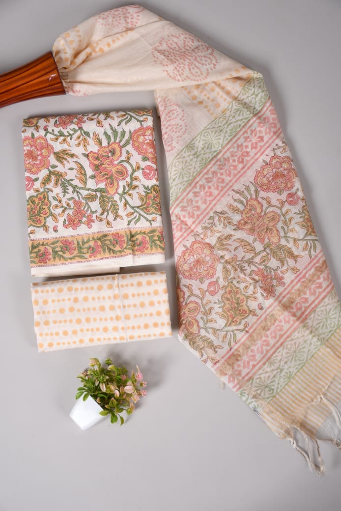 Hand Block Printed Cotton Suit With Chnaderi Dupatta Suit Sets