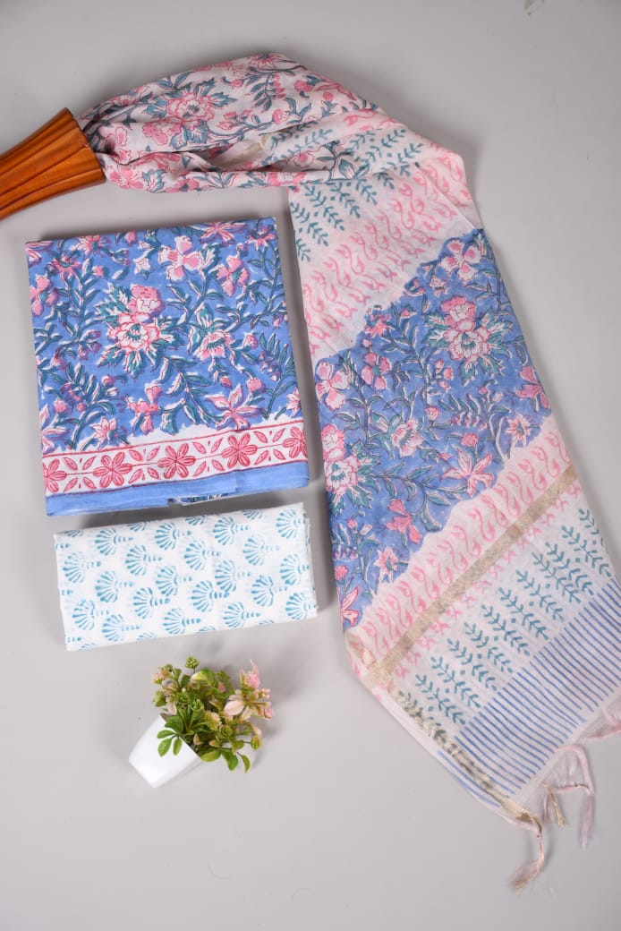 Hand Block Printed Cotton Suit With Chnaderi Dupatta Suit Sets