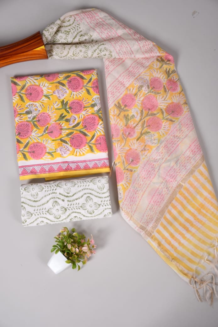 Hand Block Printed Cotton Suit With Chnaderi Dupatta Suit Sets
